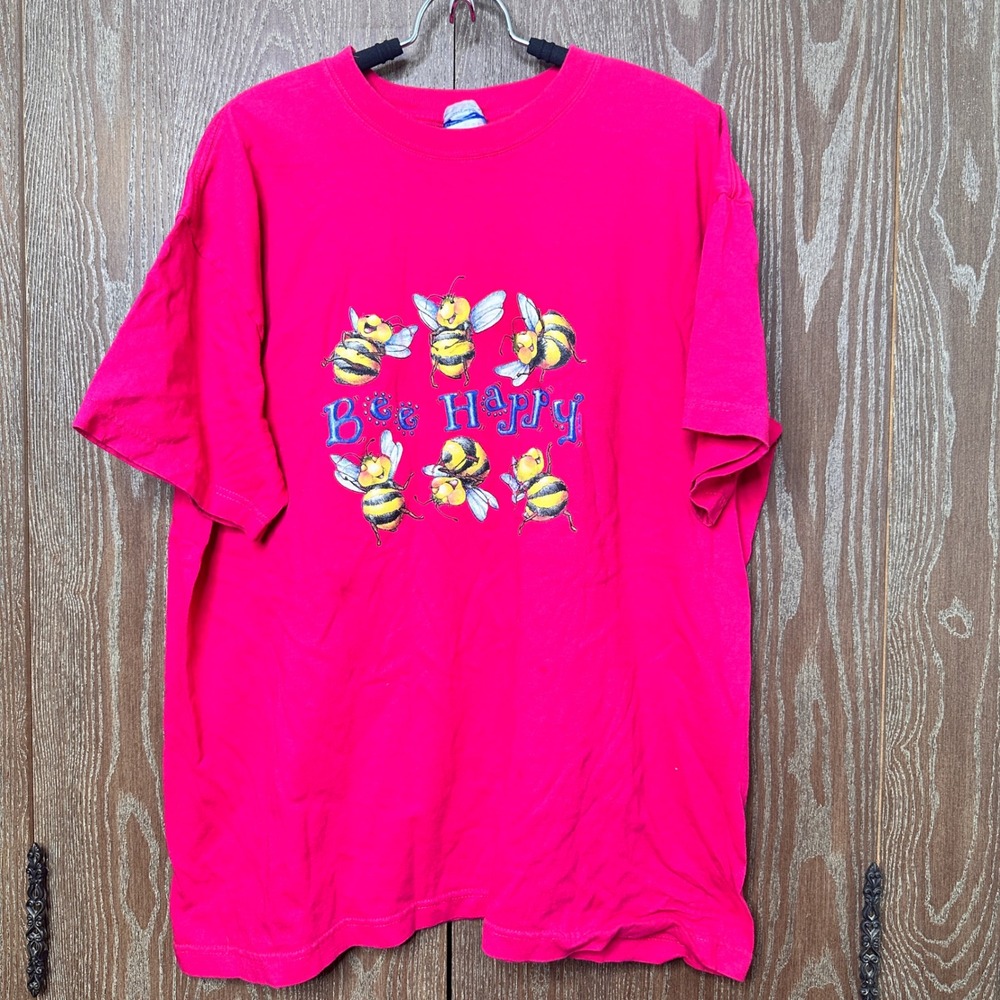 VTG Brisco Bay Activewear Bee Happy Graphic T-Shirt Pink Bumblebe Tee XL Novelty